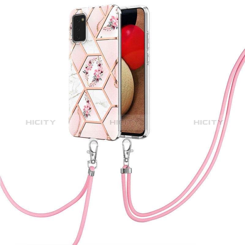Custodia Silicone Gel Morbida Fantasia Modello Cover con Cinghia Cordino Mano Y02B per Samsung Galaxy A02s Rosa