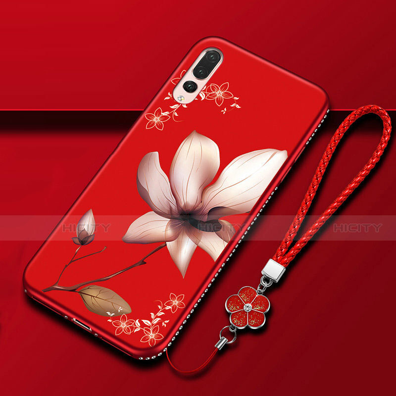 Custodia Silicone Gel Morbida Fiori Cover K01 per Huawei P20 Pro Rosso