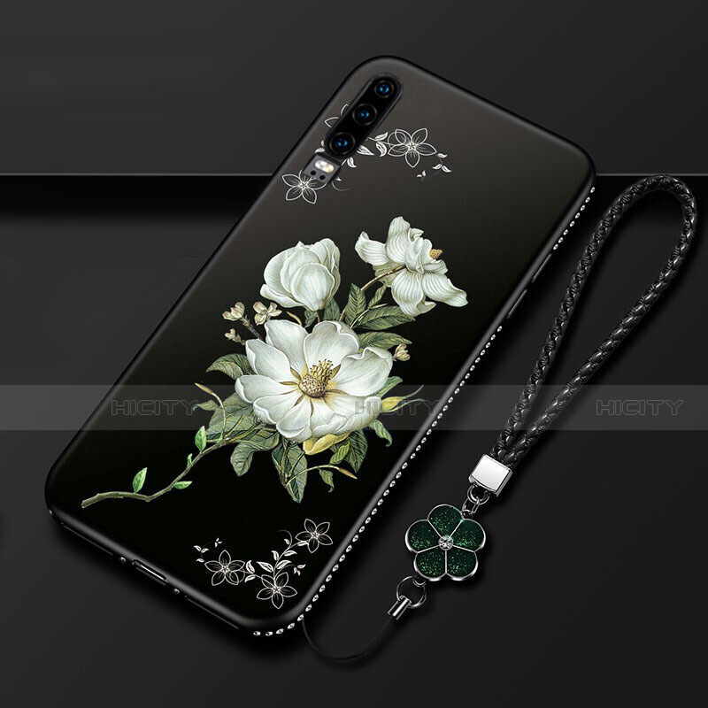 Custodia Silicone Gel Morbida Fiori Cover K01 per Huawei P30 Nero