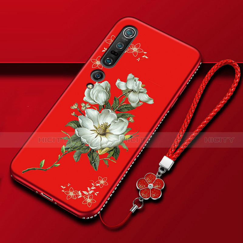 Custodia Silicone Gel Morbida Fiori Cover K01 per Xiaomi Mi 10 Pro Rosso