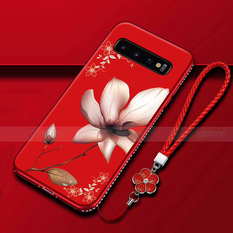 Custodia Silicone Gel Morbida Fiori Cover K03 per Samsung Galaxy S10 Plus Rosso Rosa