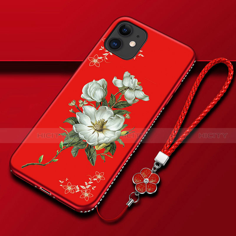 Custodia Silicone Gel Morbida Fiori Cover per Apple iPhone 12 Rosso