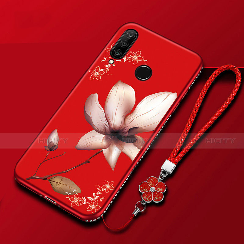 Custodia Silicone Gel Morbida Fiori Cover per Huawei Enjoy 9s Rosso
