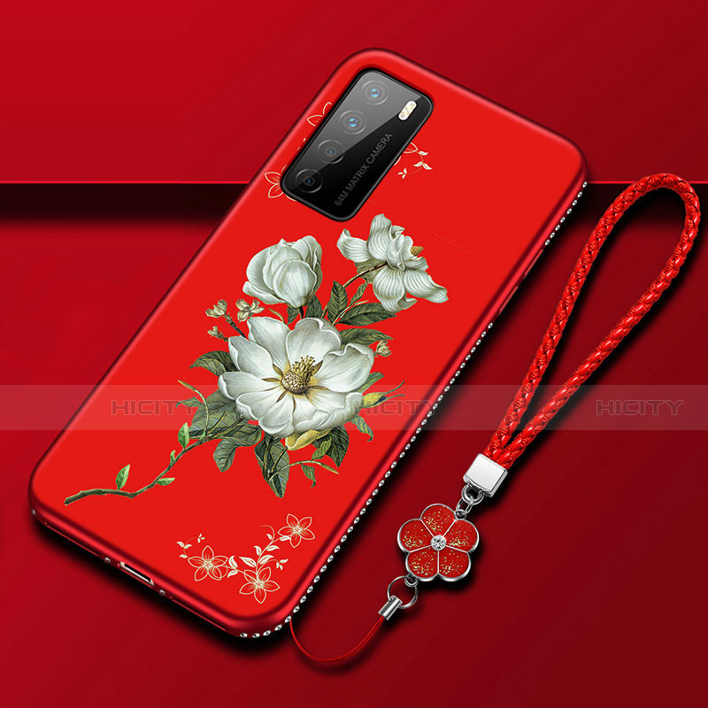 Custodia Silicone Gel Morbida Fiori Cover per Huawei Honor Play4 5G Rosso