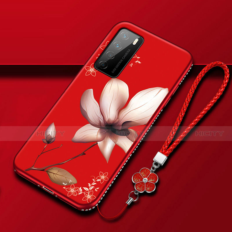 Custodia Silicone Gel Morbida Fiori Cover per Huawei Honor Play4 5G Rosso Rosa