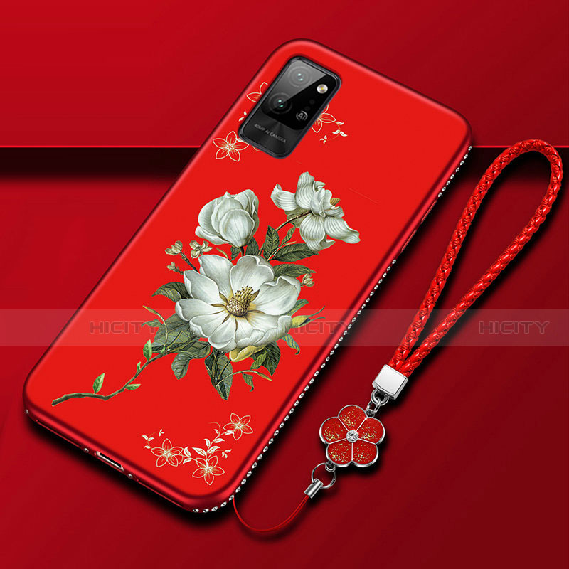 Custodia Silicone Gel Morbida Fiori Cover per Huawei Honor Play4 Pro 5G Rosso
