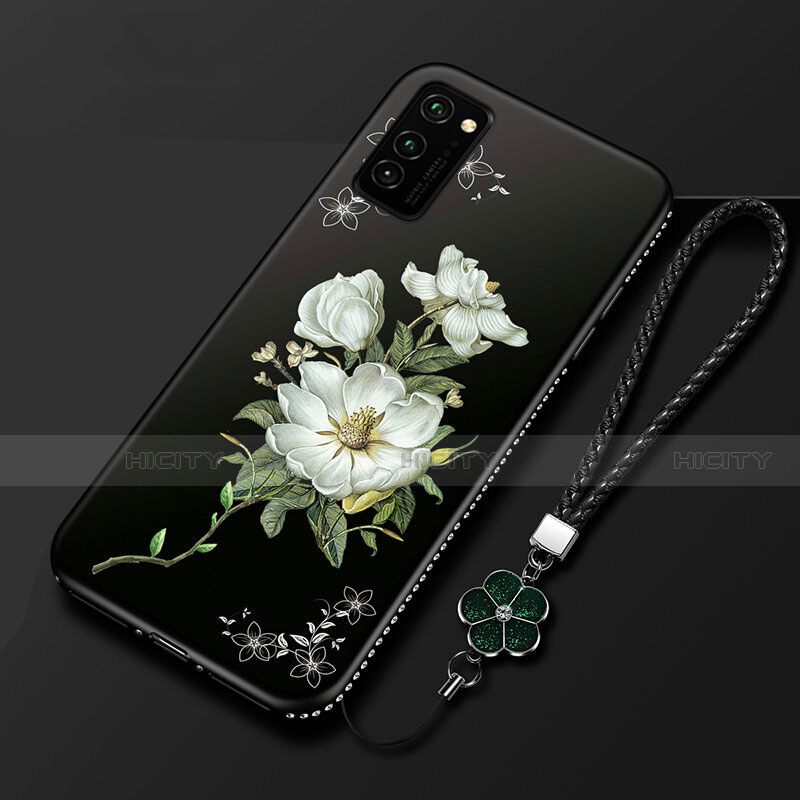 Custodia Silicone Gel Morbida Fiori Cover per Huawei Honor V30 5G Nero