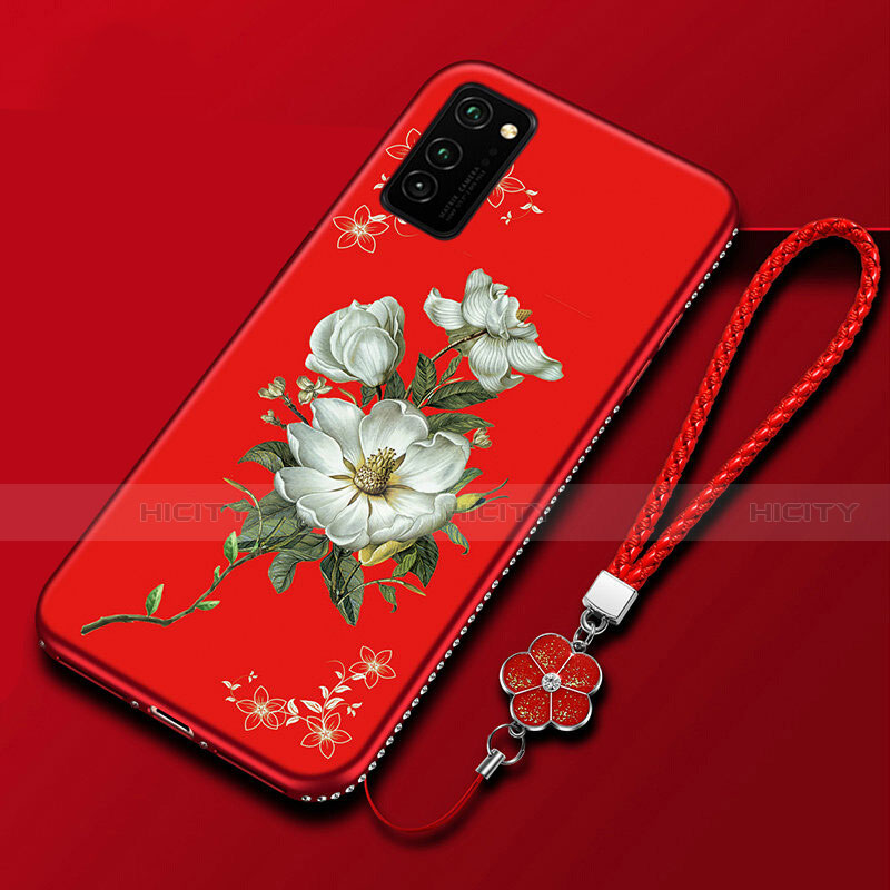 Custodia Silicone Gel Morbida Fiori Cover per Huawei Honor V30 5G Rosso