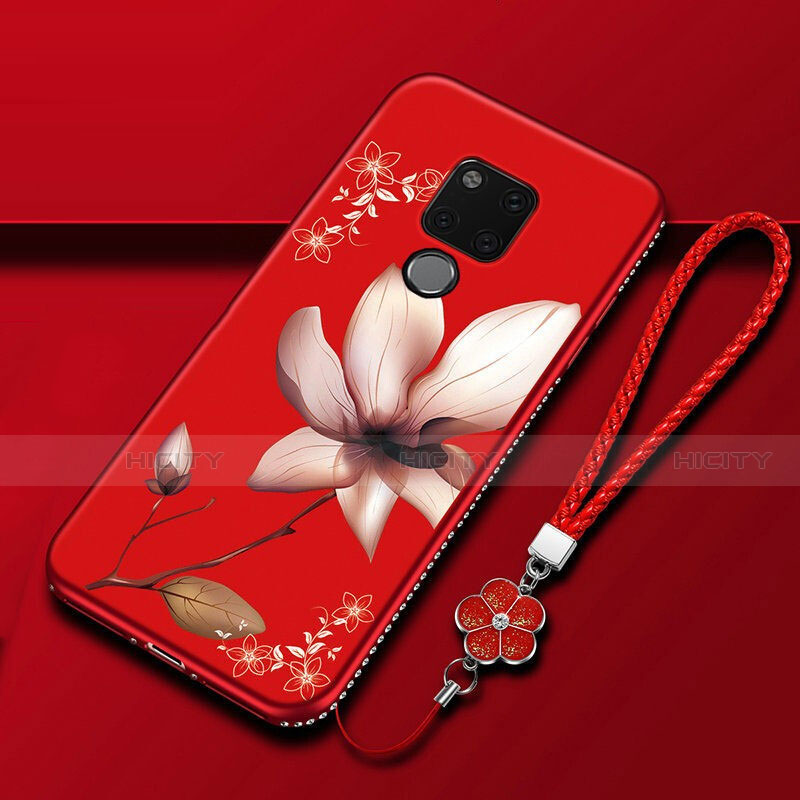 Custodia Silicone Gel Morbida Fiori Cover per Huawei Mate 20 X 5G Rosso Rosa