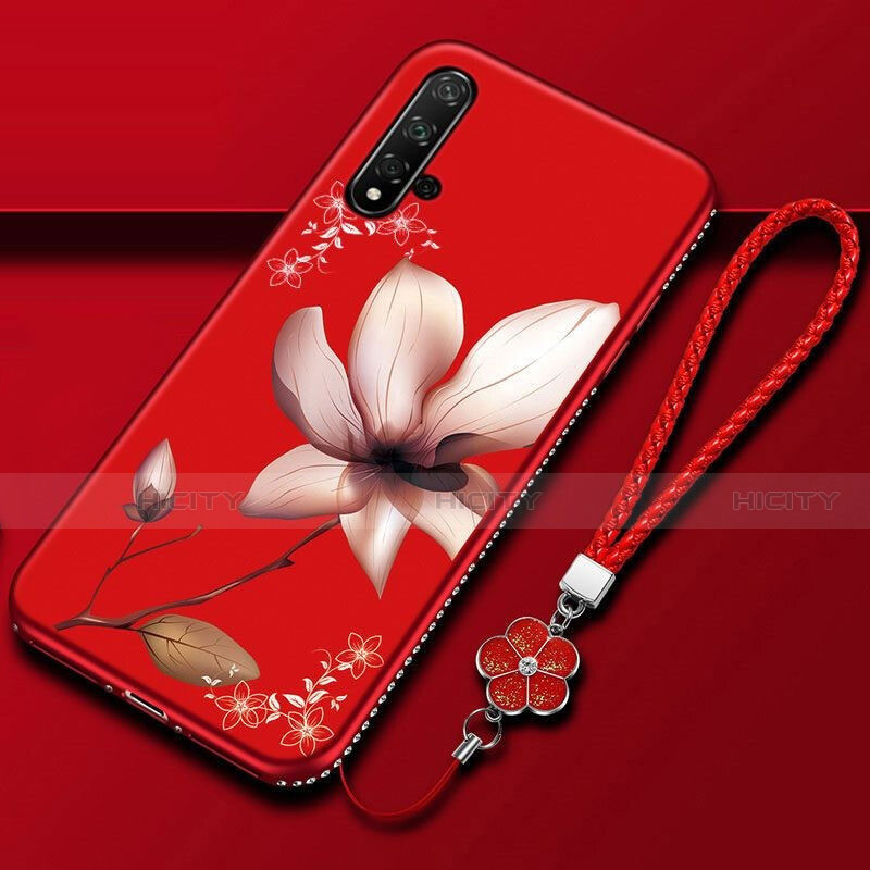 Custodia Silicone Gel Morbida Fiori Cover per Huawei Nova 5 Pro Rosso Rosa
