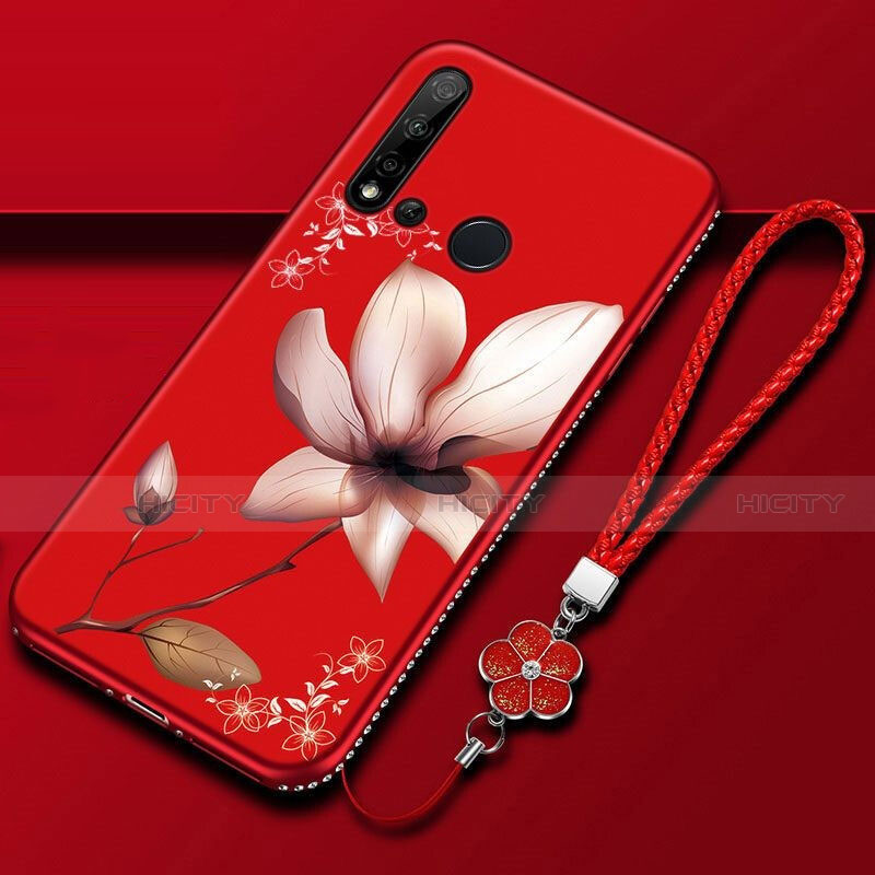 Custodia Silicone Gel Morbida Fiori Cover per Huawei P20 Lite (2019) Rosso Rosa