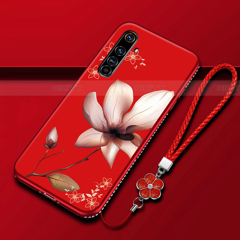 Custodia Silicone Gel Morbida Fiori Cover per Realme X50 Pro 5G Rosso Rosa
