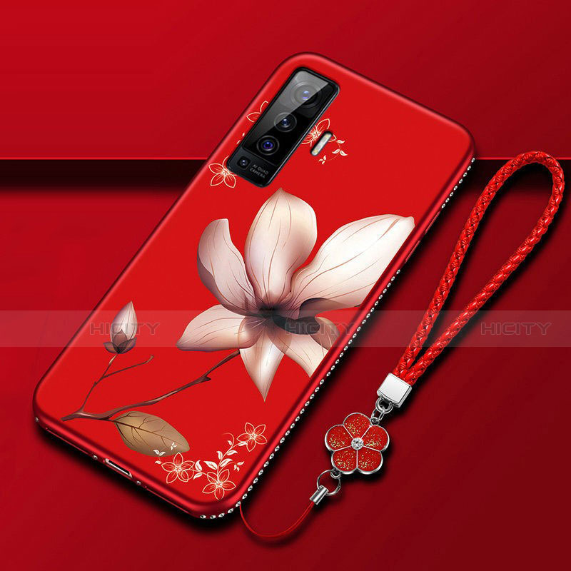 Custodia Silicone Gel Morbida Fiori Cover per Vivo X50 5G Rosso Rosa