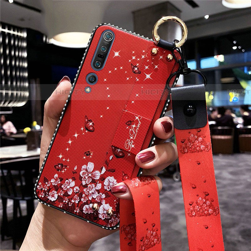 Custodia Silicone Gel Morbida Fiori Cover per Xiaomi Mi 10 Pro Rosso