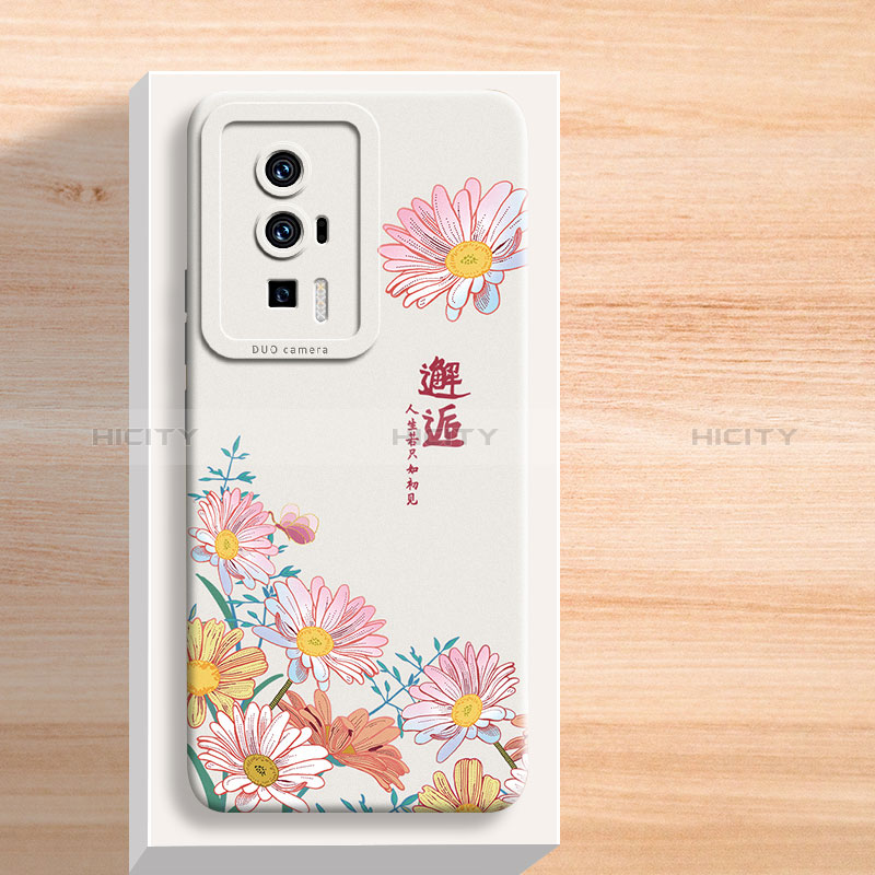 Custodia Silicone Gel Morbida Fiori Cover per Xiaomi Poco F5 Pro 5G Bianco