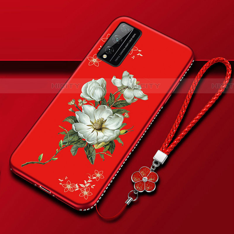 Custodia Silicone Gel Morbida Fiori Cover S01 per Huawei Honor Play4T Pro Rosso