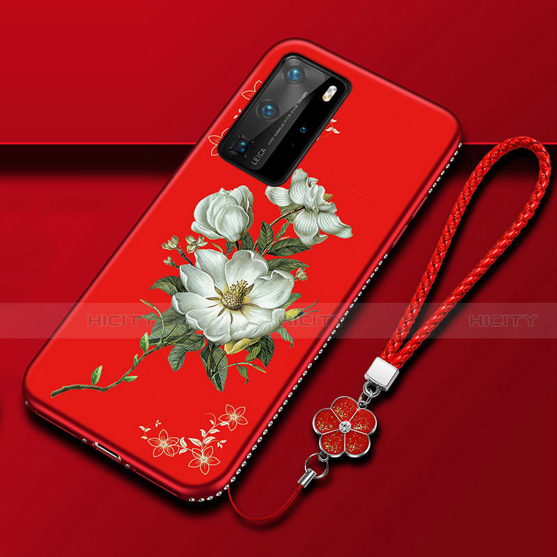 Custodia Silicone Gel Morbida Fiori Cover S01 per Huawei P40 Pro Rosso