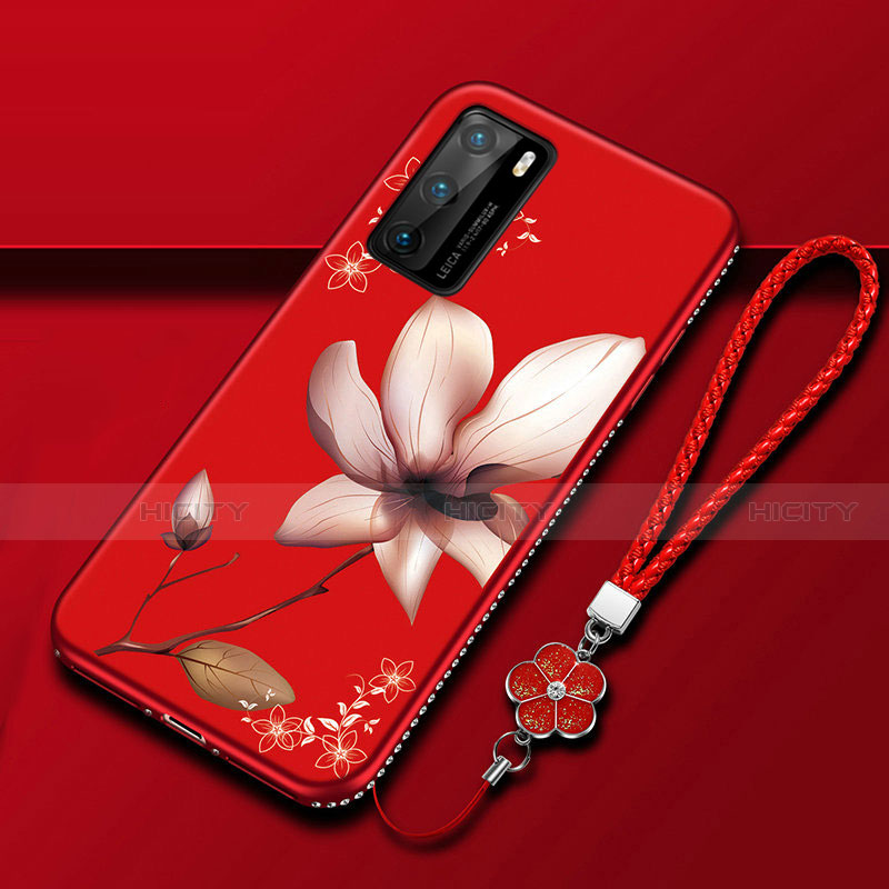 Custodia Silicone Gel Morbida Fiori Cover S01 per Huawei P40 Rosso Rosa
