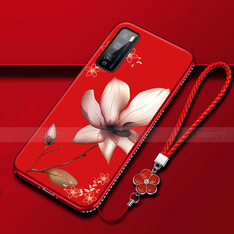 Custodia Silicone Gel Morbida Fiori Cover S02 per Huawei Enjoy Z 5G Rosso Rosa