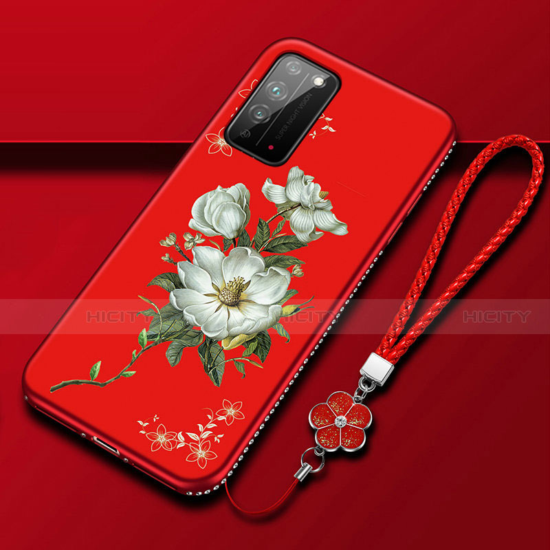 Custodia Silicone Gel Morbida Fiori Cover S02 per Huawei Honor X10 5G Rosso