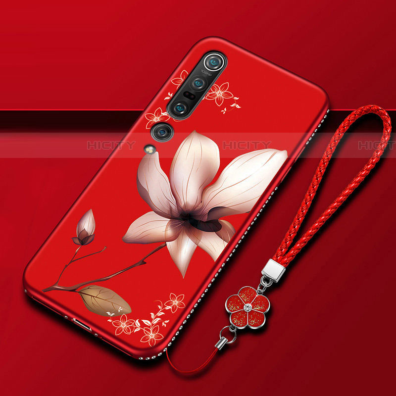 Custodia Silicone Gel Morbida Fiori Cover S02 per Xiaomi Mi 10 Pro Rosso Rosa