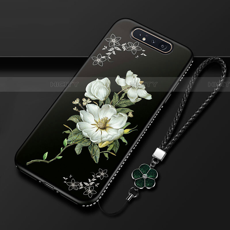 Custodia Silicone Gel Morbida Fiori Cover S06 per Samsung Galaxy A80 Nero