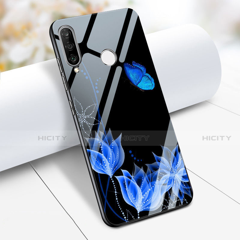 Custodia Silicone Laterale Fiori Specchio Cover M02 per Huawei P30 Lite Blu