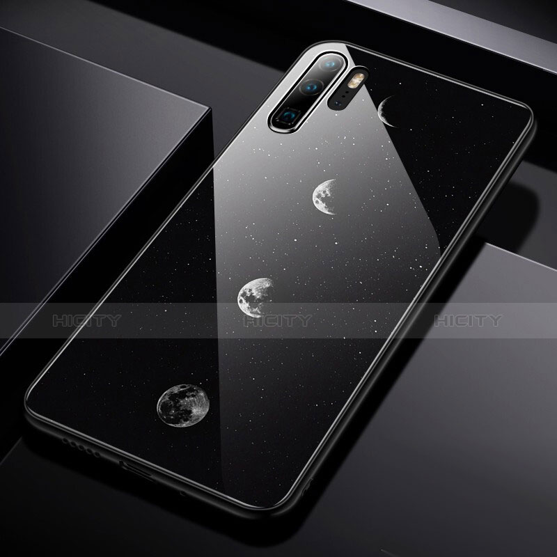 Custodia Silicone Laterale Mistica Luna Stelle Specchio Cover per Huawei P30 Pro Nero