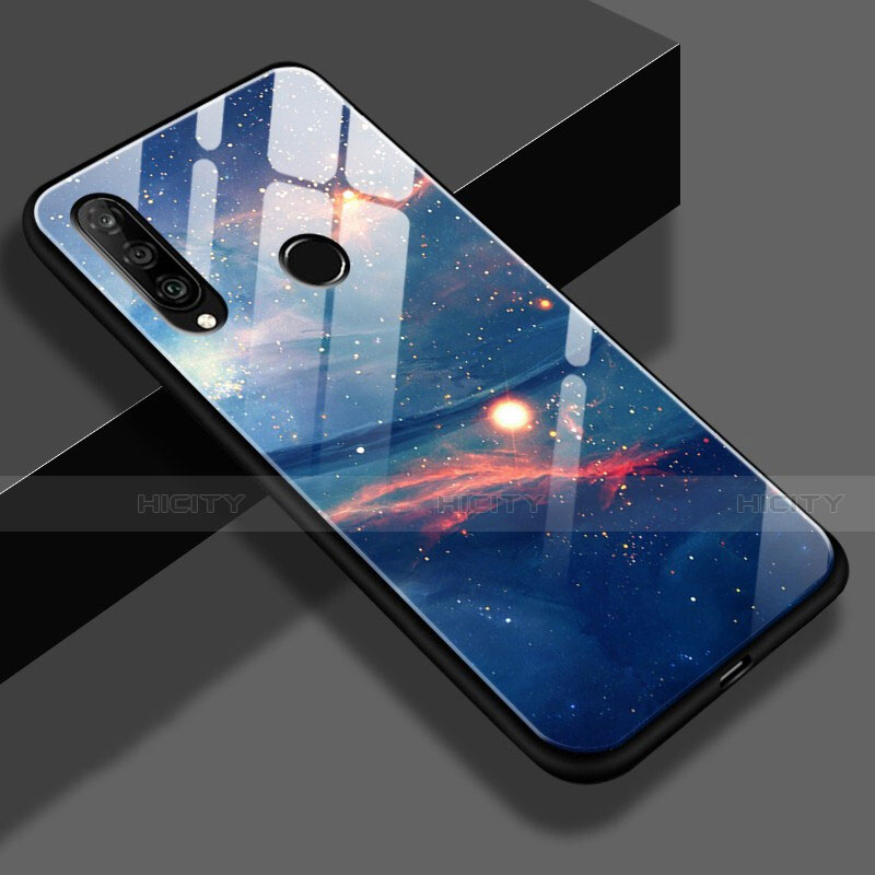 Custodia Silicone Laterale Mistica Luna Stelle Specchio Cover S02 per Huawei Nova 4e Blu