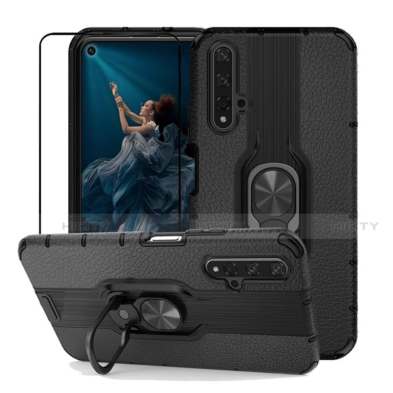 Custodia Silicone Morbida In Pelle Cover con Magnetico Anello Supporto K01 per Huawei Nova 5T Nero