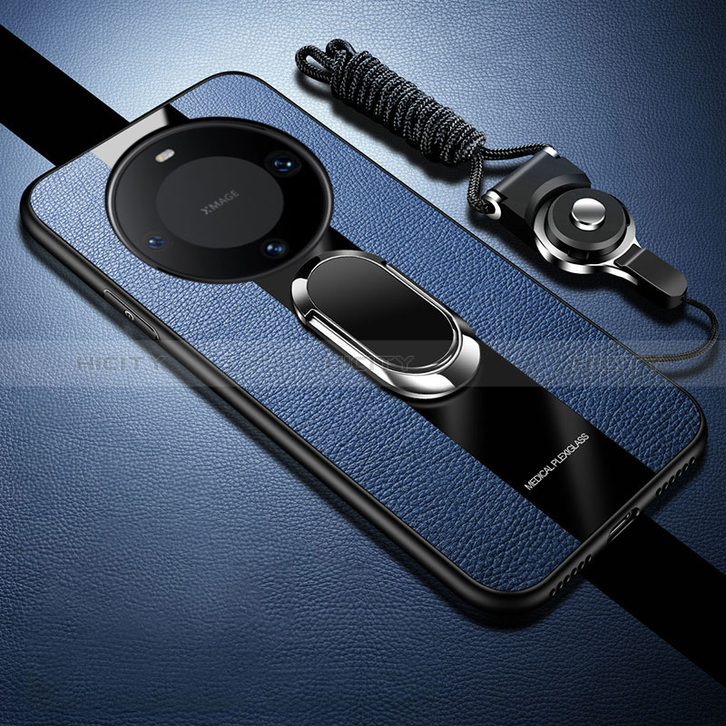 Custodia Silicone Morbida In Pelle Cover con Magnetico Anello Supporto PB1 per Huawei Mate 60 Pro Blu