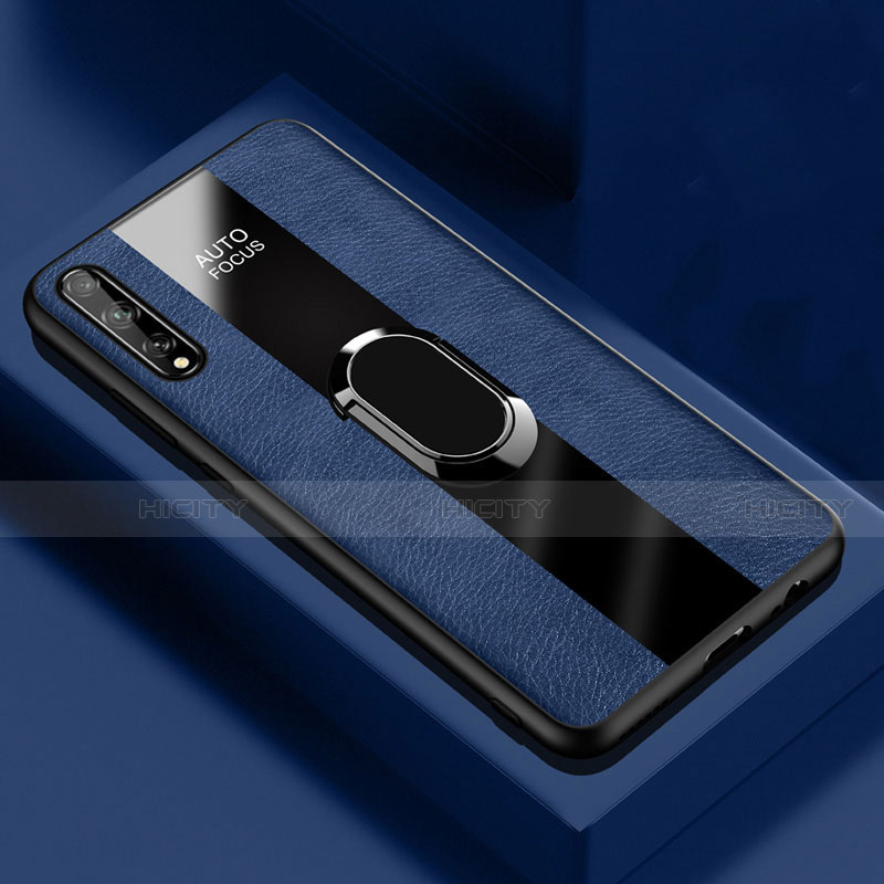 Custodia Silicone Morbida In Pelle Cover con Magnetico Anello Supporto S01 per Huawei Y8p Blu