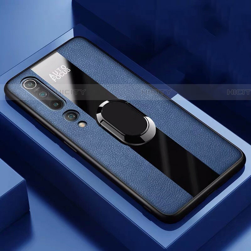 Custodia Silicone Morbida In Pelle Cover con Magnetico Anello Supporto S01 per Xiaomi Mi 10 Blu