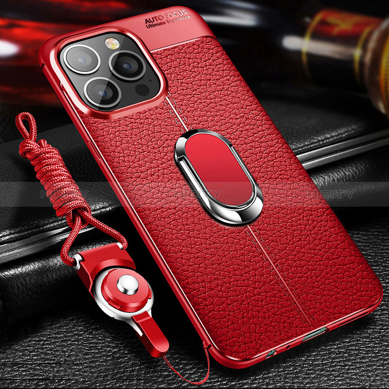 Custodia Silicone Morbida In Pelle Cover con Magnetico Anello Supporto S02 per Apple iPhone 14 Pro Rosso