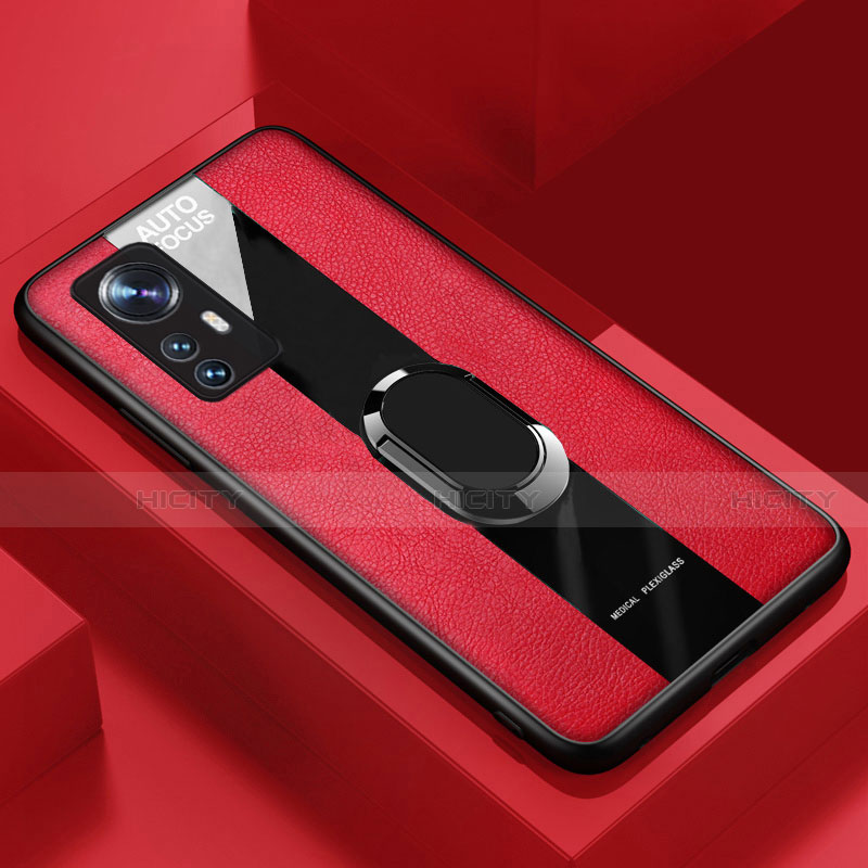 Custodia Silicone Morbida In Pelle Cover con Magnetico Anello Supporto S02 per Xiaomi Mi 12 5G Rosso