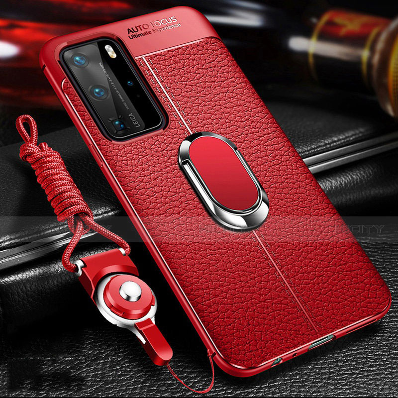 Custodia Silicone Morbida In Pelle Cover con Magnetico Anello Supporto T01 per Huawei P40 Pro Rosso