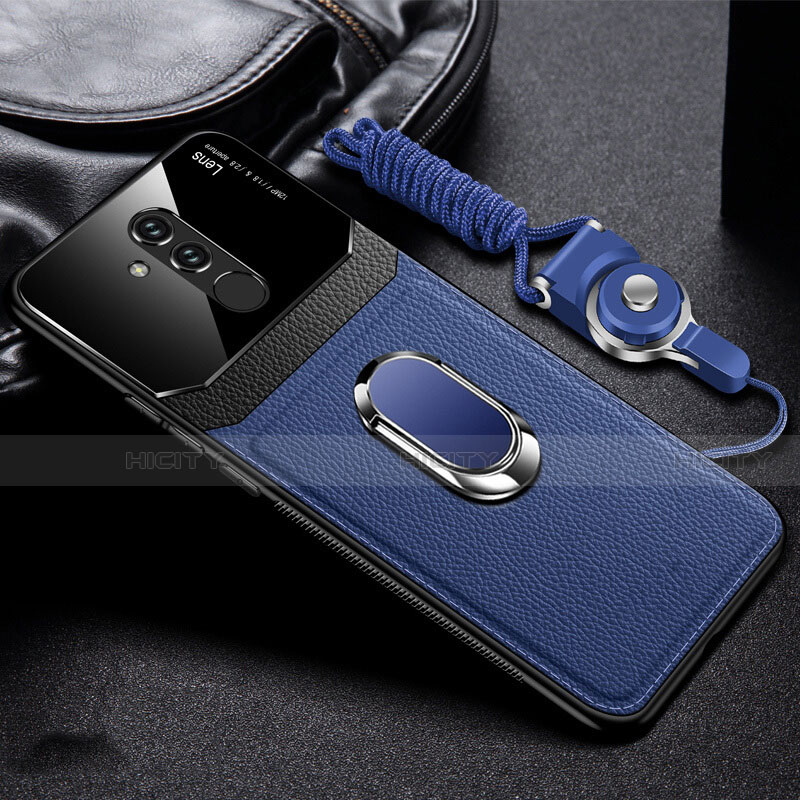 Custodia Silicone Morbida In Pelle Cover con Magnetico Anello Supporto T02 per Huawei Mate 20 Lite Blu