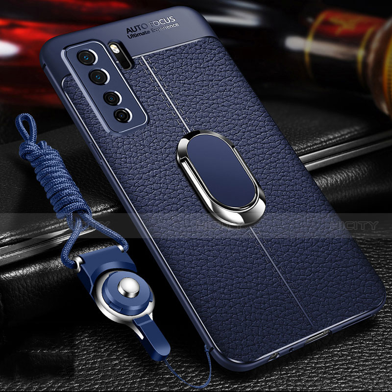 Custodia Silicone Morbida In Pelle Cover con Magnetico Anello Supporto T02 per Huawei Nova 7 SE 5G Blu