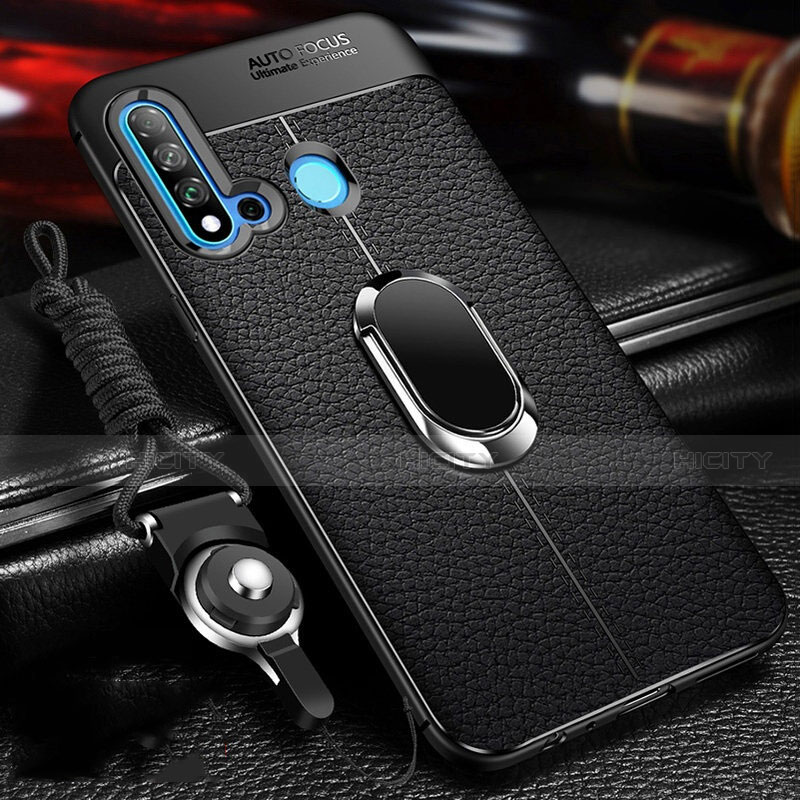 Custodia Silicone Morbida In Pelle Cover con Magnetico Anello Supporto T02 per Huawei P20 Lite (2019) Nero