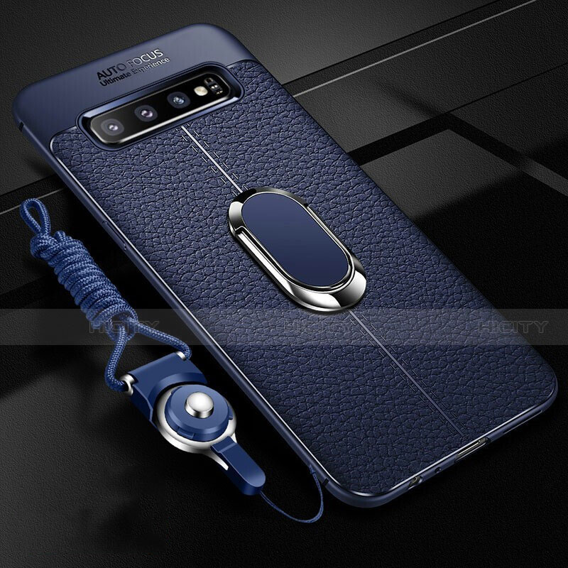 Custodia Silicone Morbida In Pelle Cover con Magnetico Anello Supporto T02 per Samsung Galaxy S10 Blu