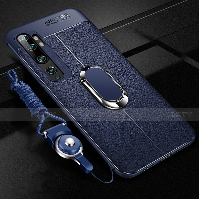 Custodia Silicone Morbida In Pelle Cover con Magnetico Anello Supporto T02 per Xiaomi Mi Note 10 Blu