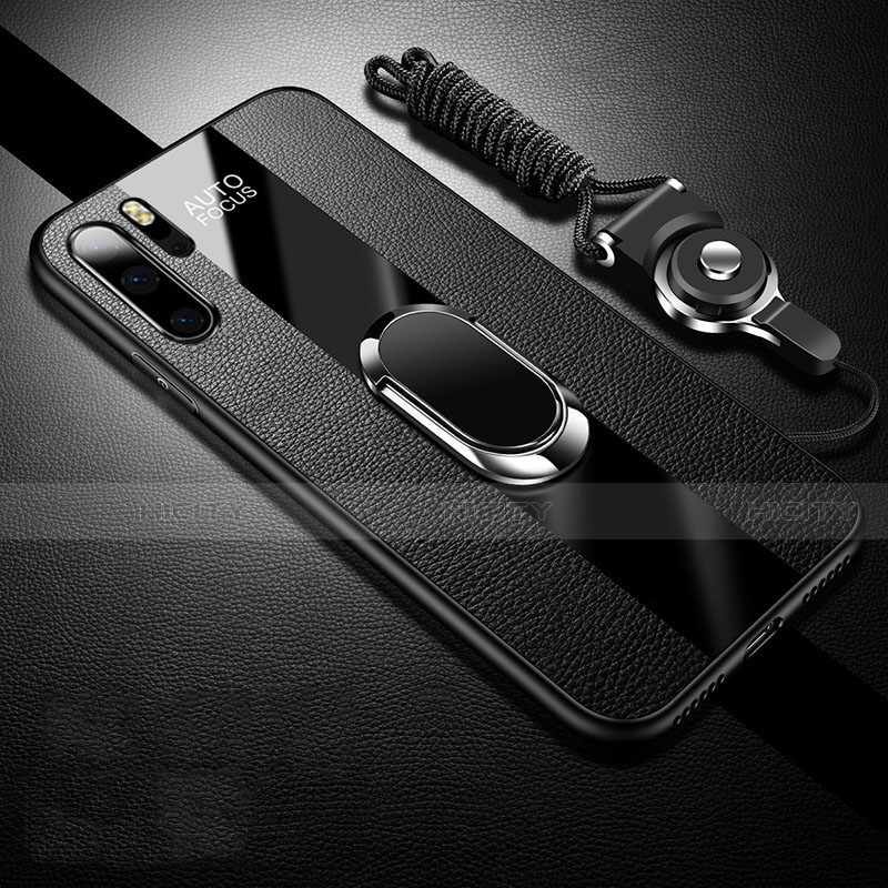Custodia Silicone Morbida In Pelle Cover con Magnetico Anello Supporto T03 per Huawei P30 Pro New Edition Nero