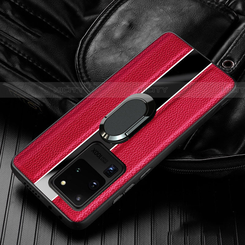 Custodia Silicone Morbida In Pelle Cover con Magnetico Anello Supporto T04 per Samsung Galaxy S20 Ultra Rosso
