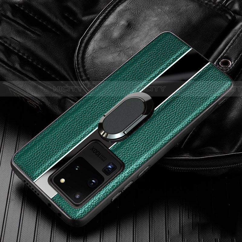Custodia Silicone Morbida In Pelle Cover con Magnetico Anello Supporto T04 per Samsung Galaxy S20 Ultra Verde