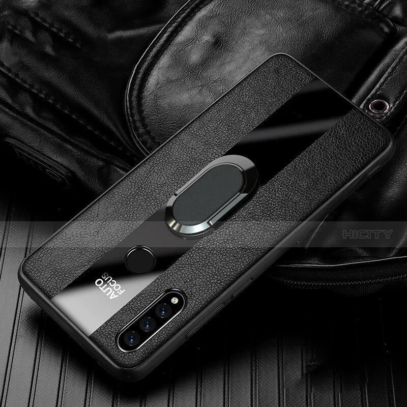 Custodia Silicone Morbida In Pelle Cover con Magnetico Anello Supporto T05 per Huawei P30 Lite Nero