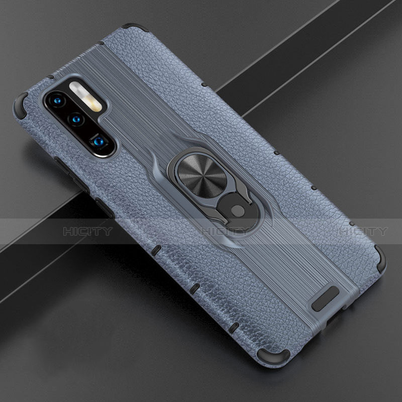 Custodia Silicone Morbida In Pelle Cover con Magnetico Anello Supporto T06 per Huawei P30 Pro Blu