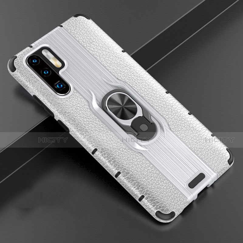 Custodia Silicone Morbida In Pelle Cover con Magnetico Anello Supporto T06 per Huawei P30 Pro New Edition Argento