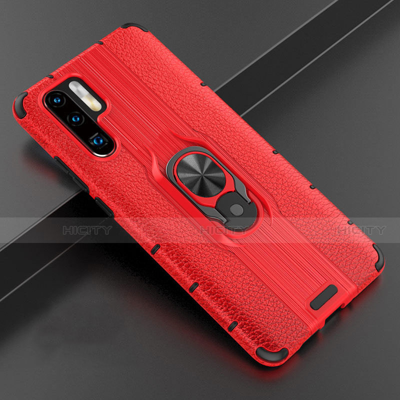 Custodia Silicone Morbida In Pelle Cover con Magnetico Anello Supporto T06 per Huawei P30 Pro Rosso