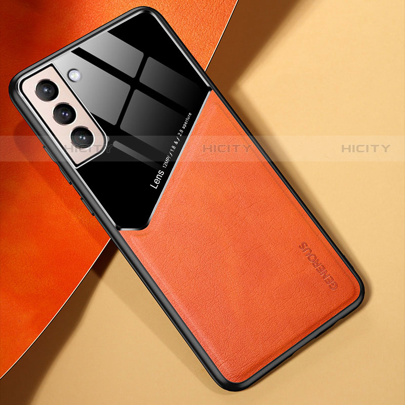 Custodia Silicone Morbida In Pelle Cover con Magnetico M01 per Samsung Galaxy S22 5G Arancione
