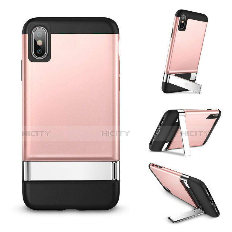 Custodia Silicone Morbida Lucido con Supporto per Apple iPhone X Oro Rosa